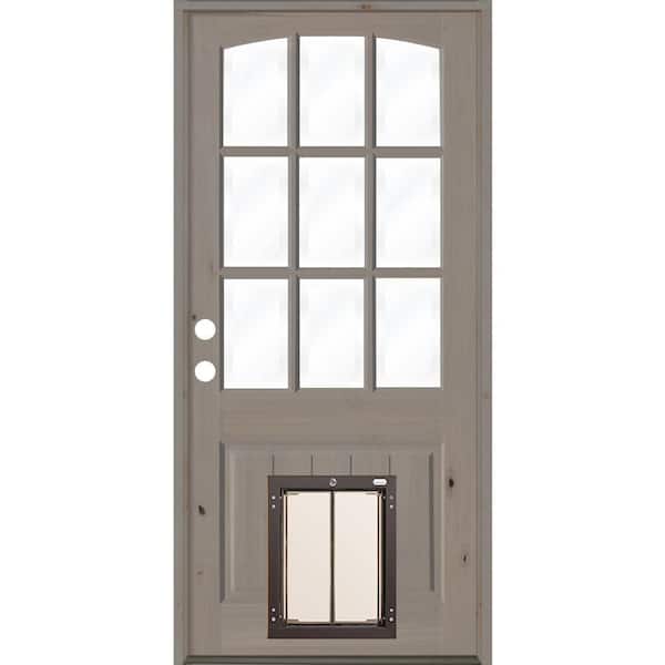 Krosswood Doors 36 in. x 80 in. Arch Top 9-Lite Clear Glass Grey Stained Wood Prehung Door with Large Dog Door