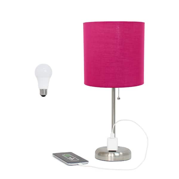 Creekwood home Oslo 19.5 in. Contemporary Bedside Power Outlet Base Metal Table Lamp in Brushed Steel, Pink Shade, with LED Bulb