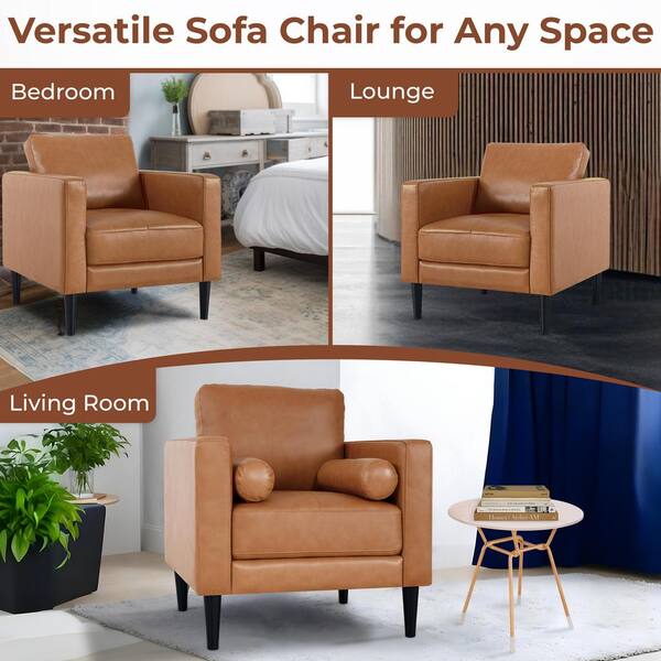 Tan Top Grain Leather Mid Century Chair Sofa Couches for Living Room Furniture Accent Chairs for Bedrooms