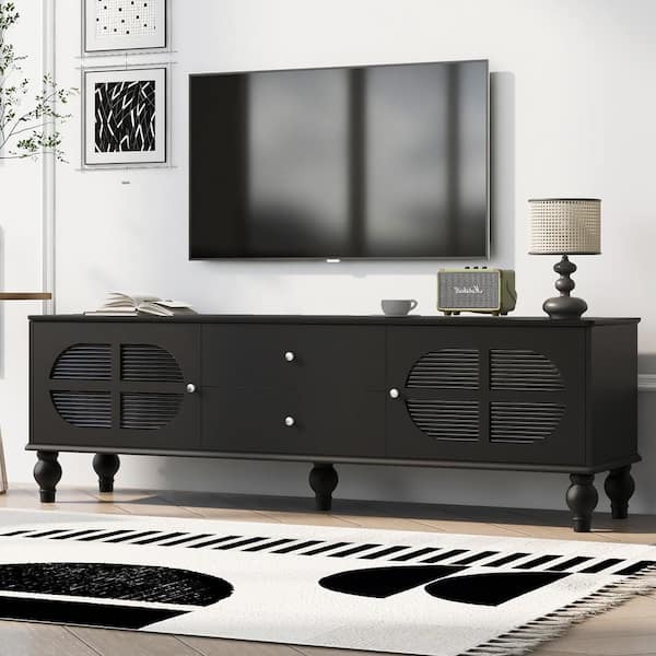 Harper & Bright Designs Black TV Stand Fits TV's up to 75 in. with Fluted Glass Doors, 2-Drawers, 2-Cabinets and 5-Solid Wood Legs