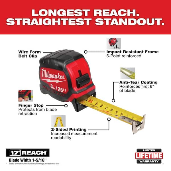 Milwaukee 8 m/26 ft. x 1-5/16 in. Wide Blade Tape Measure with 17 