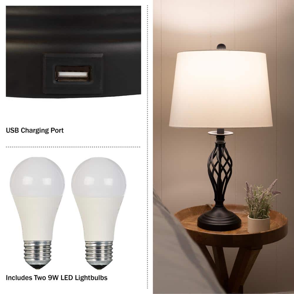 Set of 2 Black Metal Table Lamps with USB Ports