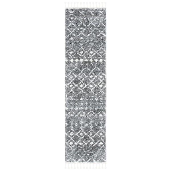 Berber Fringe Shag 2 ft. x 12 ft. Gray/Ivory Diamond Striped Ikat Runner Rug
