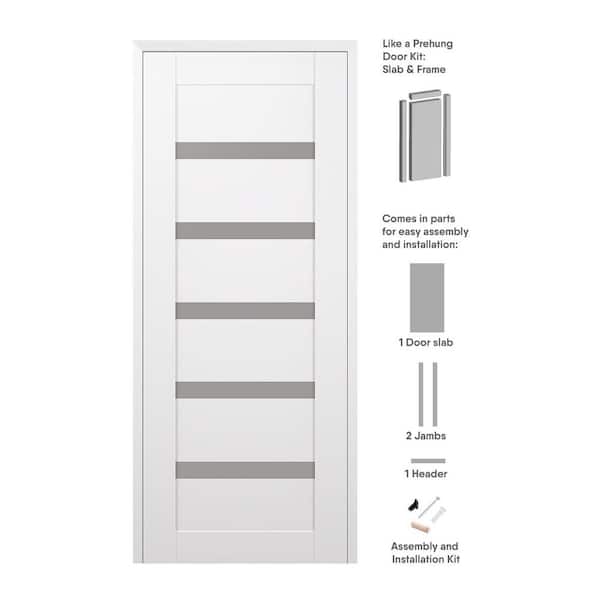 Leora 30 in. x 80 in. Left Hand 5 Lite Frosted Glass Snow White Composite Wood Single Prehung Interior Door