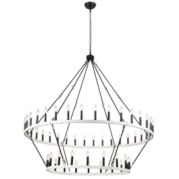 LWYTJO 60 in. 54-Light Black/Distressed White Wagon Wheel Chandelier 2 Tier Oversize Vintage Kitchen Adjustable Hanging Light