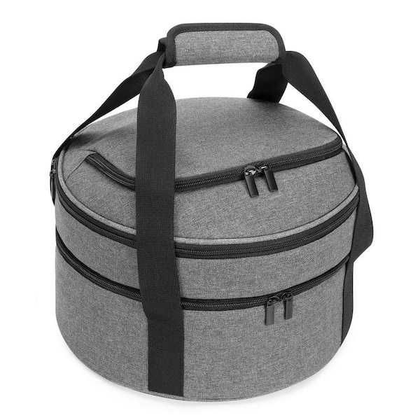 Insulated Double Decker Gray Round Carrier Set Thermal 2 Compartment Casserole and Pie Carrier for Hot or Cold Food