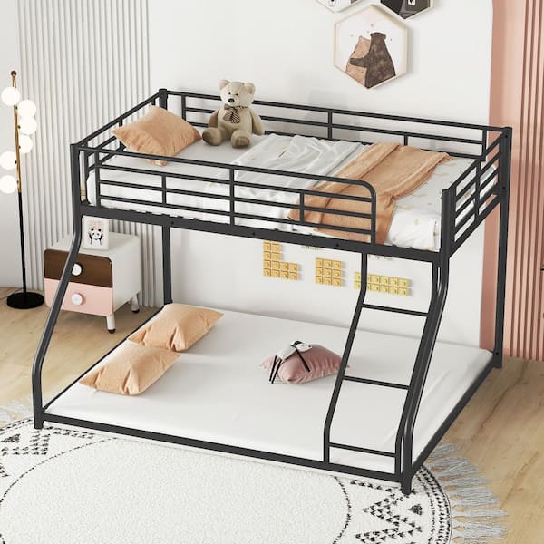 Qualler Black Twin XL over Queen Floor Bunk Bed with Ladder