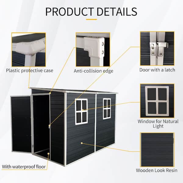 8 ft. W x 4 ft. D Outdoor Resin Storage Shed with Floor and 2 Windows, Lockable Door, Black (32 Sq. ft. )