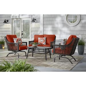 Bayhurst 4-Piece Black Wicker Outdoor Patio Conversation Seating Set with CushionGuard Quarry Red Cushions
