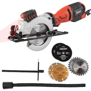 5.8 Amp 4-1/2 in. Metal, Tile, Plastic and Wood Saw with 6 Blades and Laser Guide - 3500 RPM Compact Power Saw (Red)