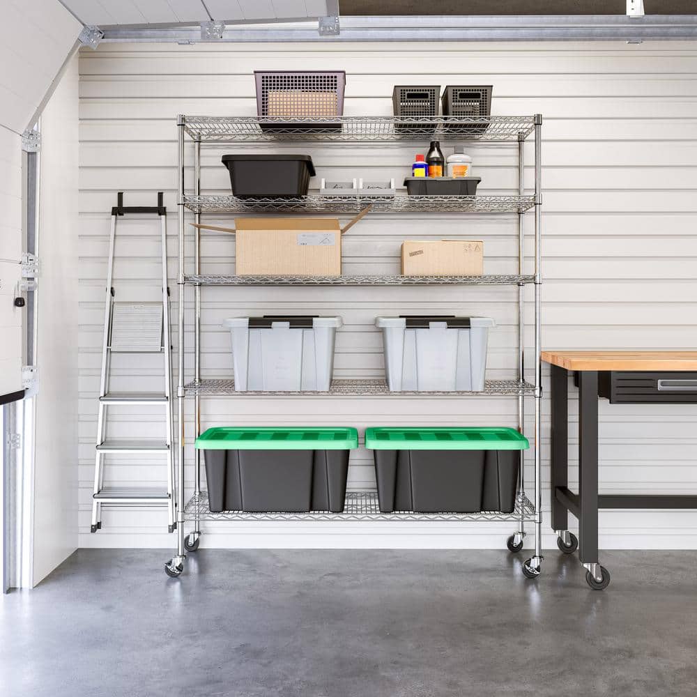 UltraDurable 5-Tier Silver Steel Shelving Unit with Wheels
