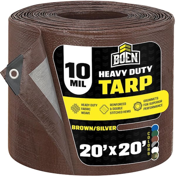 BOEN 20 ft. x 20 ft. Heavy-Duty Commercial Brown/Silver Tarp Cover 10 Mil Thick Weave Material, Waterproof