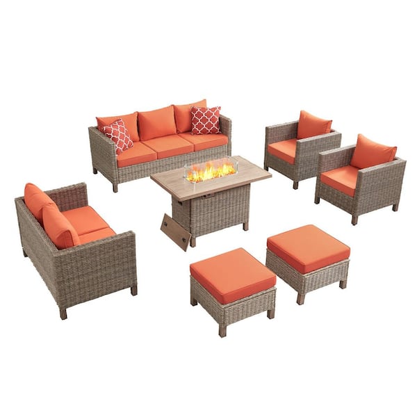 7-Piece Wicker Outdoor Patio Conversation Set with Orange Cushions and 55000 BTU Propane Fire Pit Table
