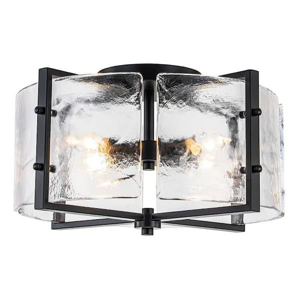 HUOKU Carmen 4-Light 16.7 in. W Matte Black Semi-Flush Mount Round Drum with Water-Striped Glass for Kitchen and Hallway