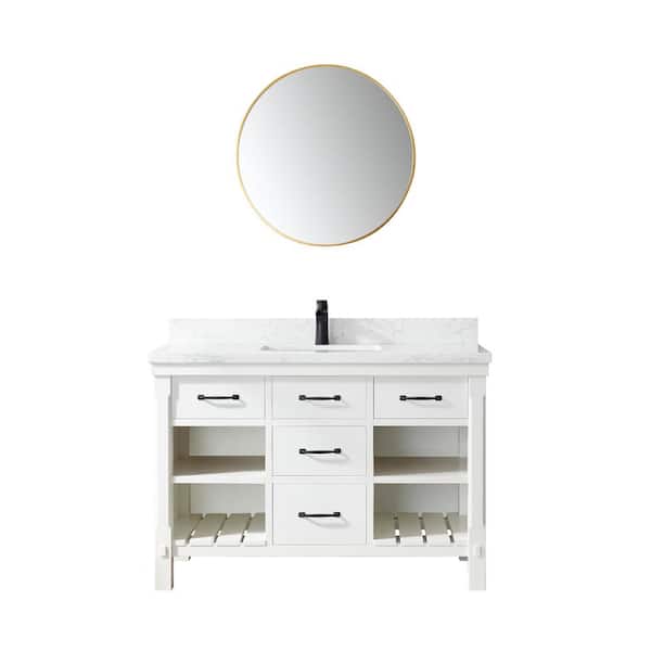ROSWELL Valencia 48 in. W x 22 in. D x 33.9 in. H Single Sink Bath Vanity in White with White Stone Countertop and Mirror