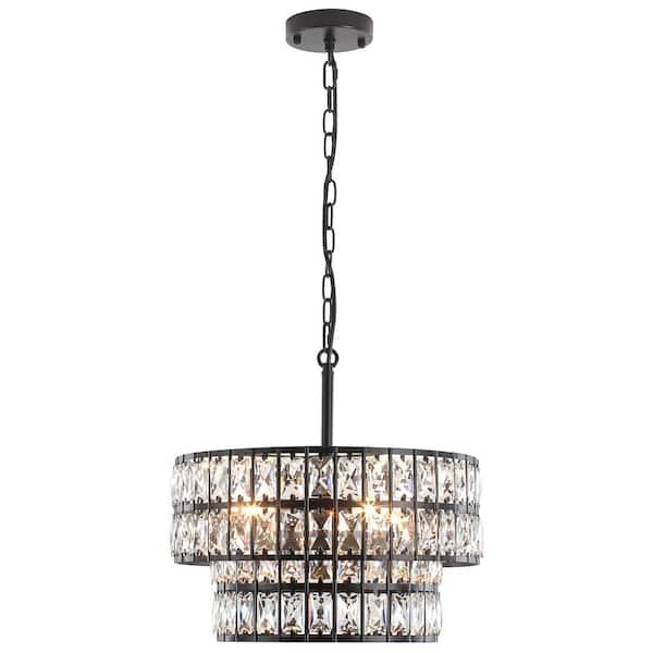 Rviezza 2-Tier Modern Drum Black K9 Crystal Chandelier，5-Light Black Candlestick Pendant for Living Room