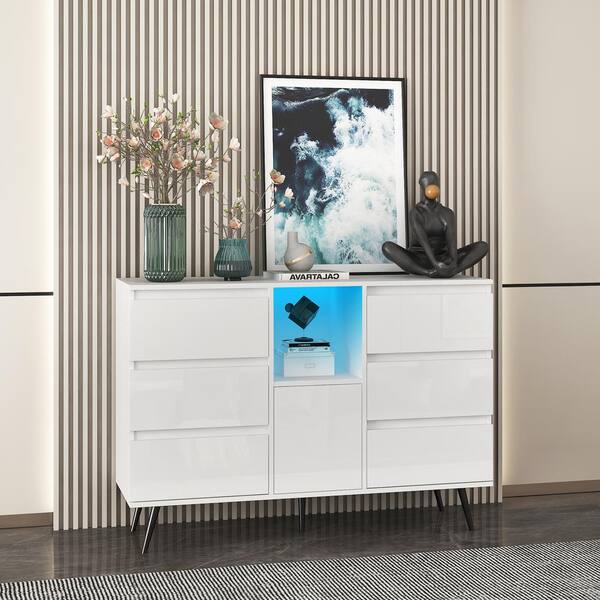 Spaco High Gloss White Sideboard Storage Cabinet with LED Light and 6 Drawers MB W132166385 The Home Depot