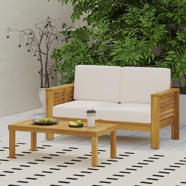 Unbranded Patio 2-Piece Acacia Wood Outdoor Loveseat and Coffee Table Set with Cream Cushions, Sophisticated Classic Look, Teak