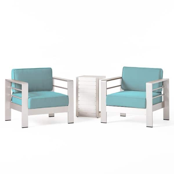 Noble House Cape Coral Silver 3-Piece Metal Patio Conversation Set with Canvas Aruba Sunbrella Cushions