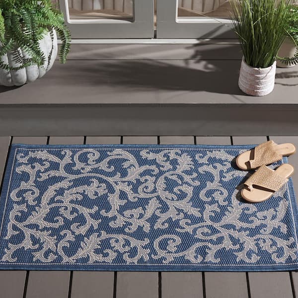 Courtyard Blue/Natural Doormat 2 ft. x 4 ft. Border Indoor/Outdoor Patio Area Rug