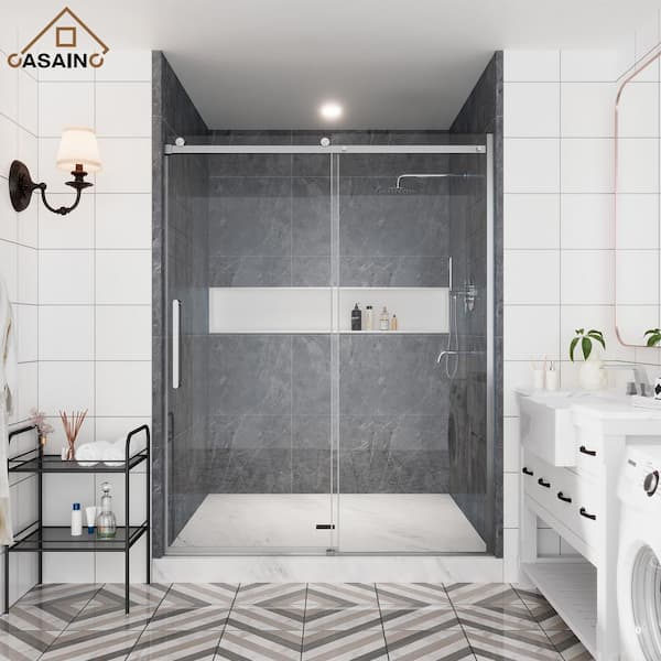 CASAINC 60 in. W x 76 in. H Sliding Frameless Shower Door in Brushed Nickel Finish with SGCC Certification