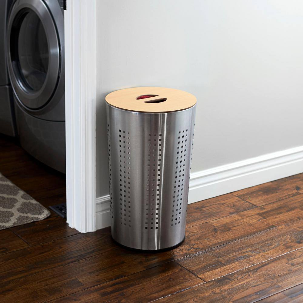 Round Silver Stainless Steel Laundry Hamper with Wooden Lid