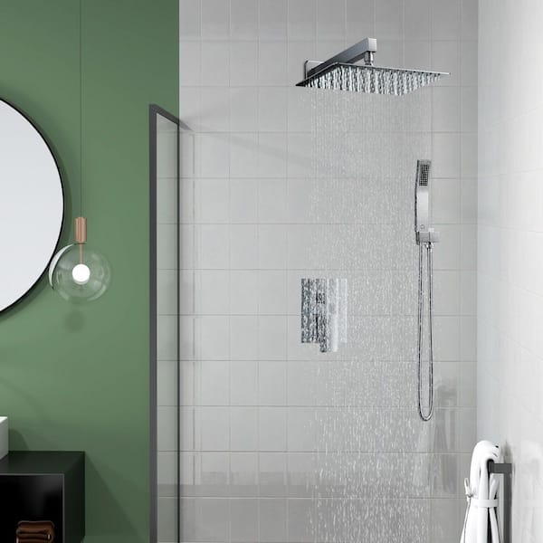 12 in. 2-Jet High-Pressure Rainfall Shower System w/Square Head and Handheld Shower in Brushed Nickel (Valve Included)