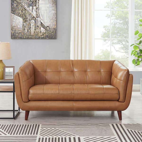 Solana 70 in. Cinnamon Brown 100% Leather 2-Seater Loveseat with Bench Seat, Square Arms and Tufted Back
