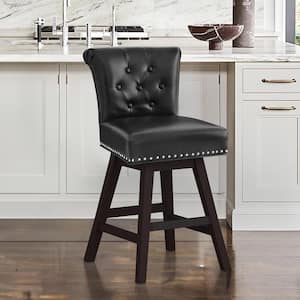26 in Black Faux Leather Swivel Barstool Solid Wood Counter Stool with Nailhead Trim and Tufted Backrest(Set of 1)