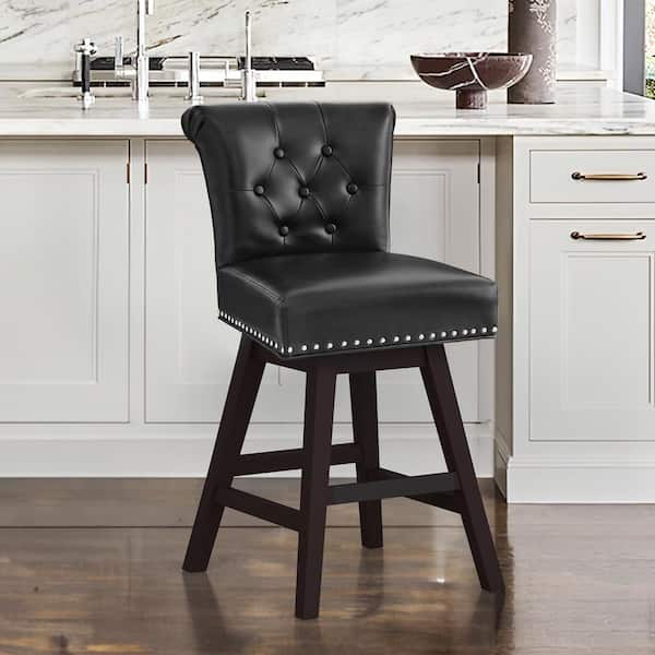 26 in Black Faux Leather Swivel Barstool Solid Wood Counter Stool Nail Head Trim Tufted Backrest (Set of 1)