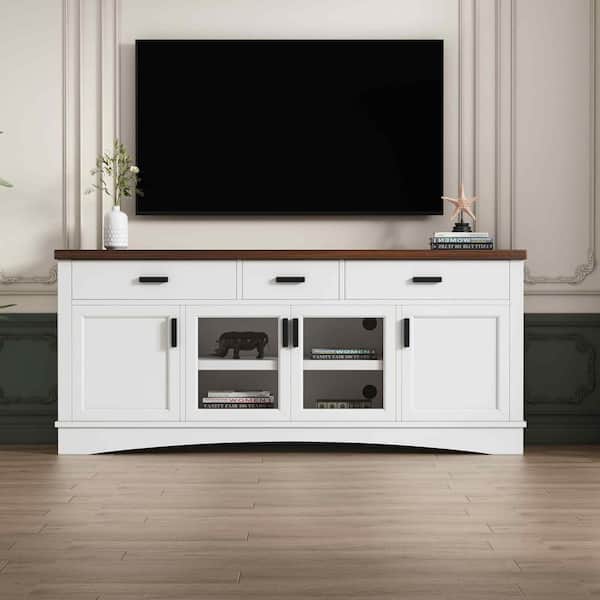 White TV Stand Fits TV's Up to 70 in. with Glass Doors and Storage Drawers, Adjustable Shelves