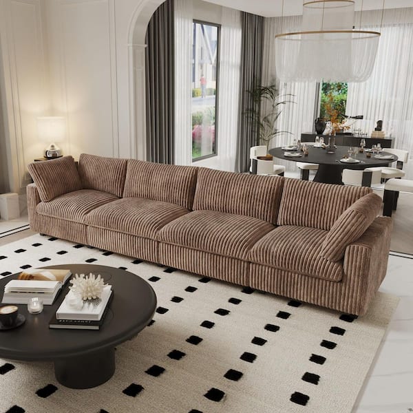 157 in. Square Arm Soft Faux Rabbit Fur Velvet 5-Piece Modular Sectional Sofa with Ottoman,Washable Covers in Brown
