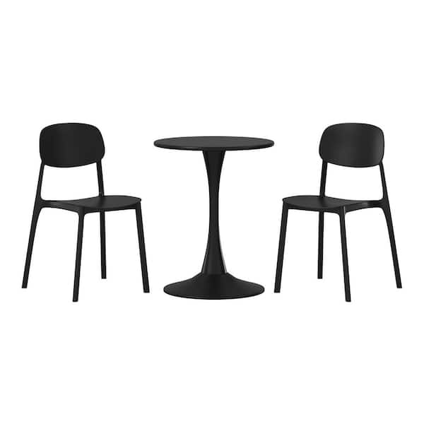 WESTIN OUTDOOR Frond and Form Outdoor Patio Modern 3-Piece Round HDPE Plastic Bistro Dining Set with Stackable Chairs, Black