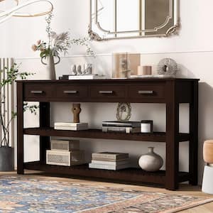 62.2 in. Brown Rectangle MDF Stylish Entryway Console Table with 4 Drawers and 2 Shelves