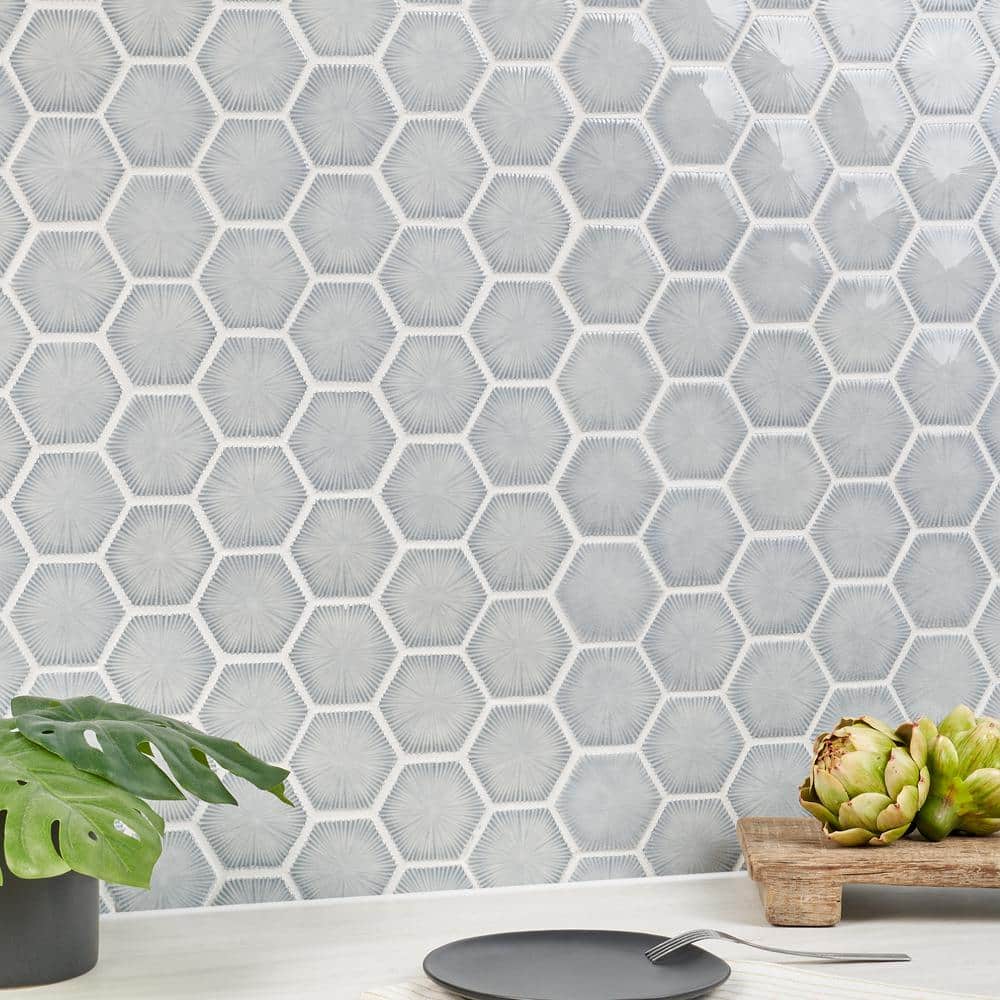 Sky Blue Glossy Glass Hexagon Mosaic Wall Tile Sheet