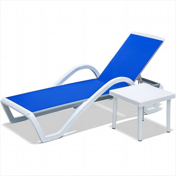 Unbranded Blue Metal Outdoor Chaise Lounge, Patio Reclining Chairs with Adjustable Backrest, Coffee Table for Poolside