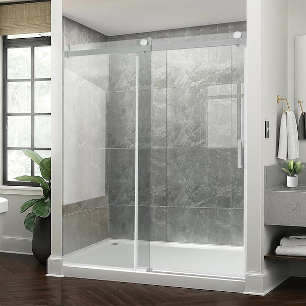 ANGELES HOME 56-60 in. W x 76 in. H Single Sliding Frameless Soft-Close Shower Door in Brushed Nickel with Premium Tampered Glass