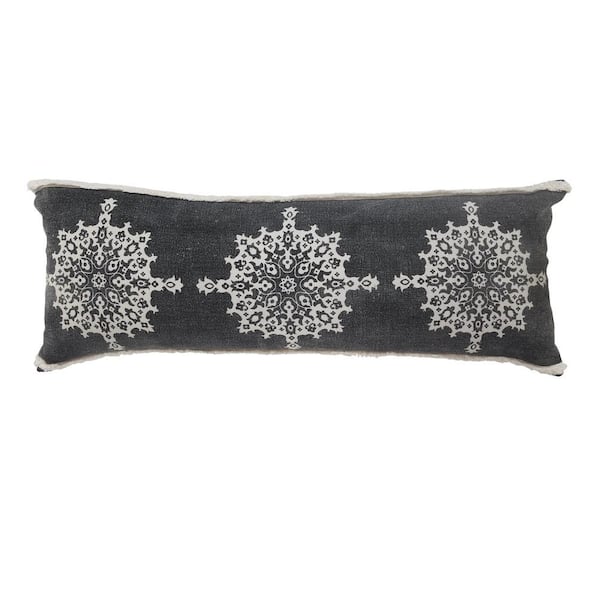 LR Home Mandala Gray Medallion Tufted Border Poly-Fill 14 in. x 36 in. Lumbar Indoor Throw Pillow