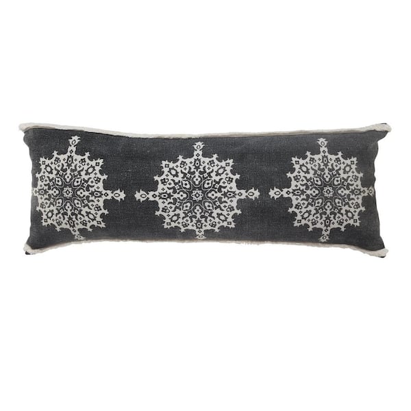 Unbranded Mandala Gray Medallion Tufted Border Poly-Fill 14 in. x 36 in. Lumbar Indoor Throw Pillow