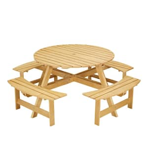 5 in 1-Piece Wood Outdoor Dining Set, 8-Person Round Picnic Table with 4-Built-in Benches, Umbrella Hole, Beige