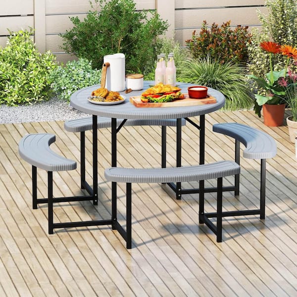 1-Piece Plastic Round Outdoor Dining Set Picnic Table Bench Set with Umbrella Hole All Weather Tabletop Gray