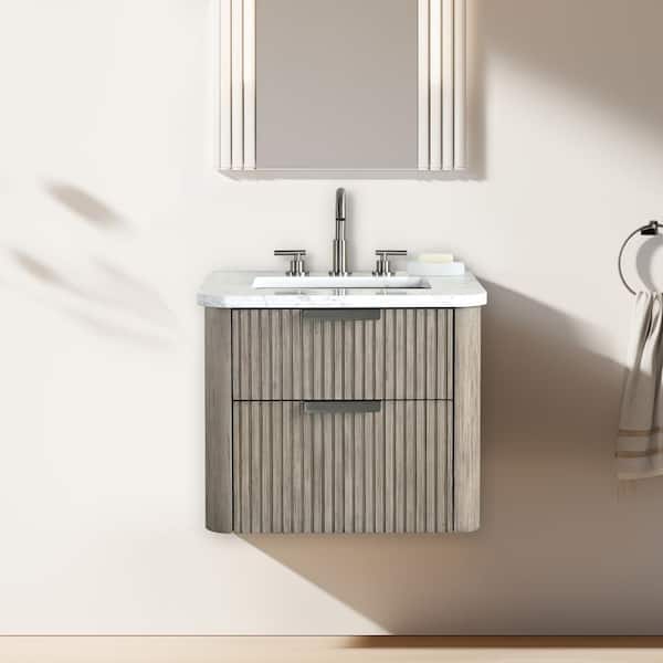 SUDIO Warren 24 in. W Floating Bath Vanity in Vintage Gray, Arabescato Engineered Stone Top and White Sink