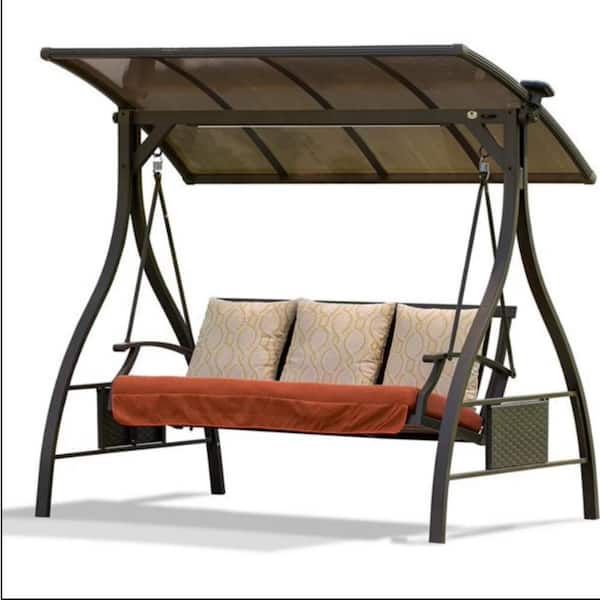 Zeus & Ruta 3-Person Black Steel Metal Patio Porch Swing with Orange Cushions Adjustable Canopy Solar LED Light 3 Sunbrella