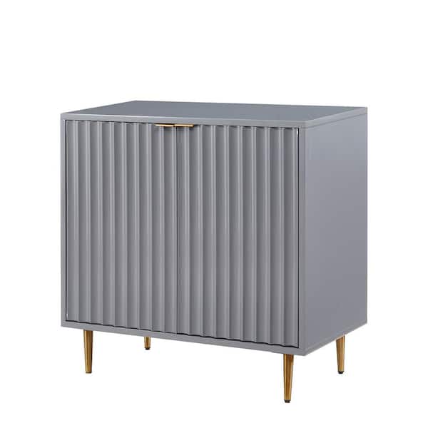 Boyel Living Gray 2-Door High Gloss Accent Cabinet Nightstand with Golden Metal Stands and Adjustable Foot Pad
