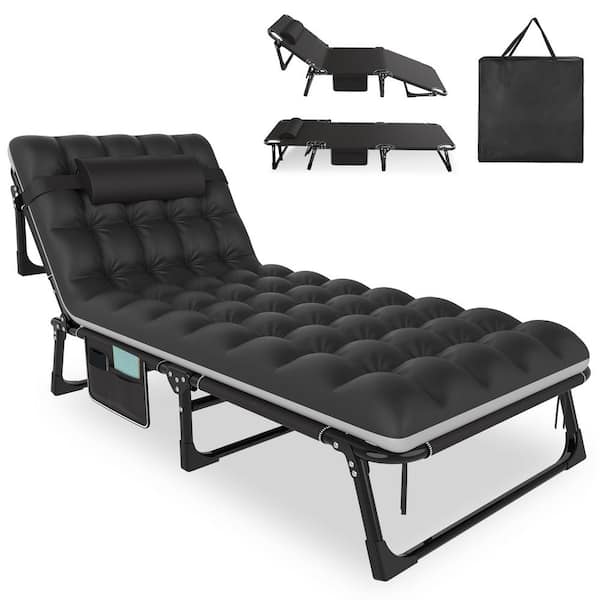 SEEUTEK Dgsea 3 in 1 Folding Portable Camping Cot Bed, Adjustable Patio Chaise Lounge Chair, Black Cot + Black/Gray Pad