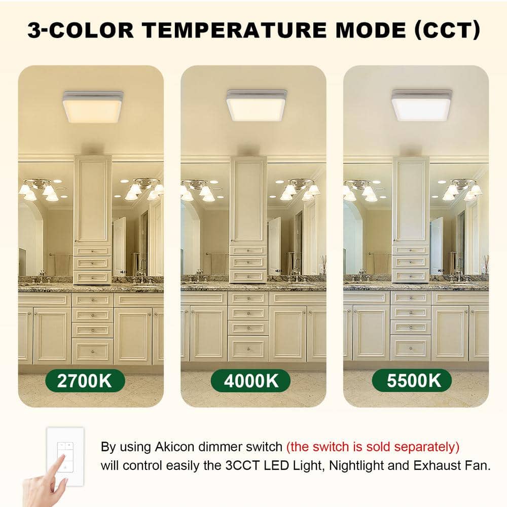 White Square 80 CFM Bathroom Exhaust Fan with LED Light