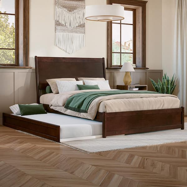 AFI Casanova Walnut Brown Solid Wood Frame Full Platform Bed with Panel Footboard and Twin Trundle
