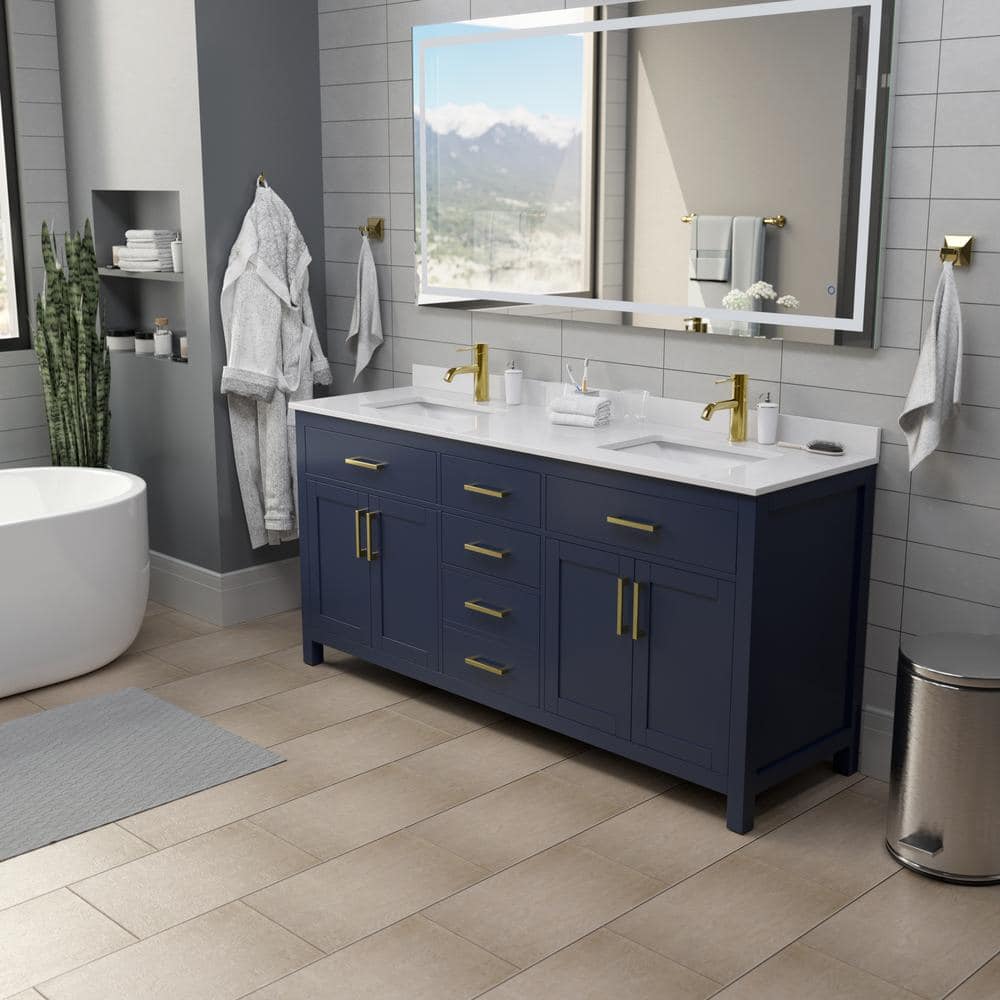 Beckett 72" Dark Blue Freestanding Double Vanity with White Marble Top