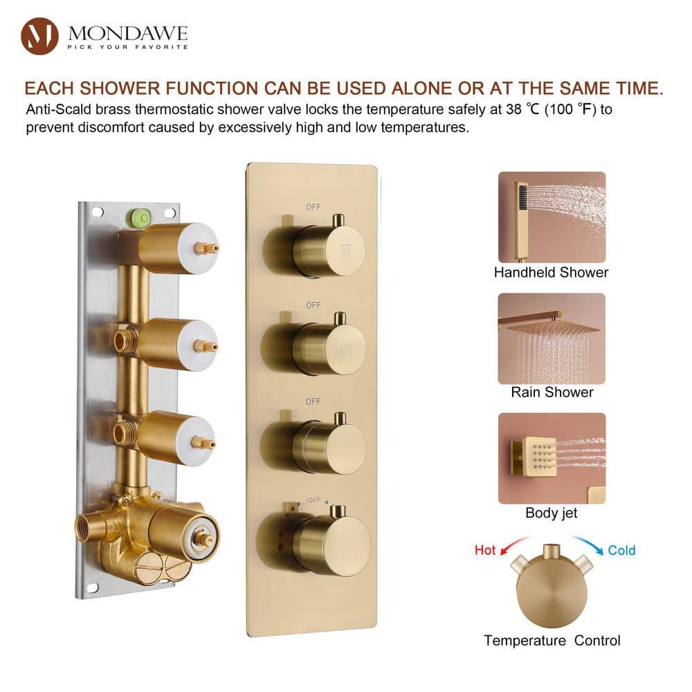 Brushed Gold Dual Square Wall Mounted Shower System with Body Jets