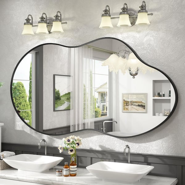 60 in. W x 32 in. H Irregular Aluminum Alloy Framed and Tempered Glass Wall Decor Bathroom Vanity Mirror in Matte Black